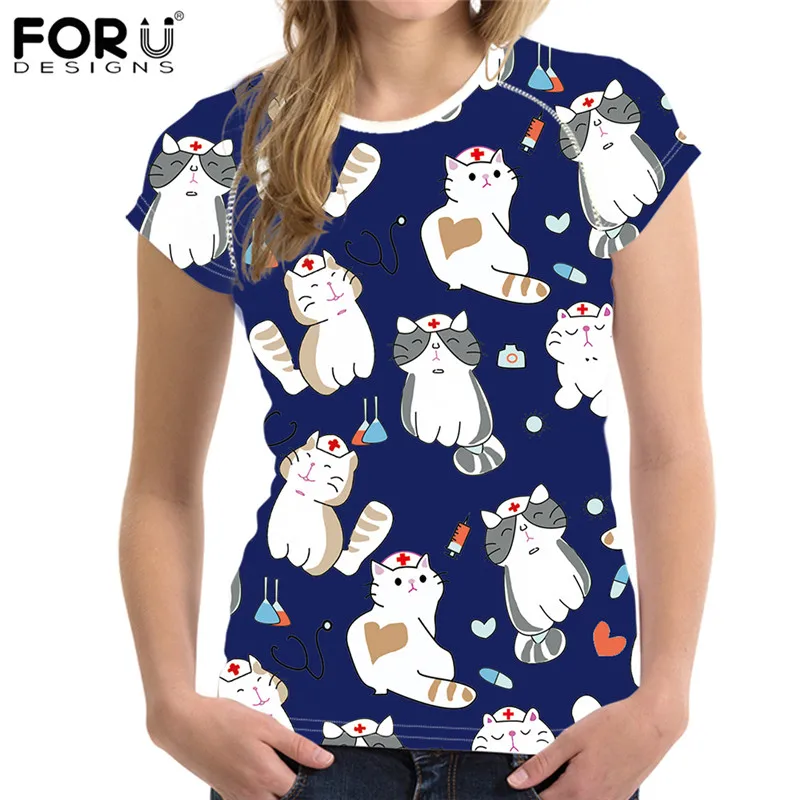 

FORUDESIGNS Women T-shirts for Summer Short Sleeve Shirt Ladies Nurse Cat Girls Printing Tee Shirt Females Oversized Custom Tops