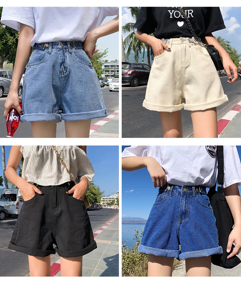 

Streetwear womens shorts button denim high waist short harajuku denim fold wide legs blue shorts hot sale 2021 summer