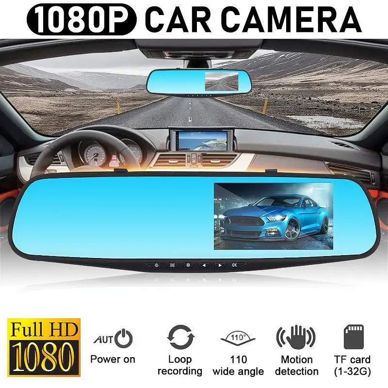 Full HD 1080P Автомобильный видеорегистратор Камера авто 4,3 дюймов зеркало заднего вида цифровой видеорегистратор двойной объектив регистрационная видеокамера