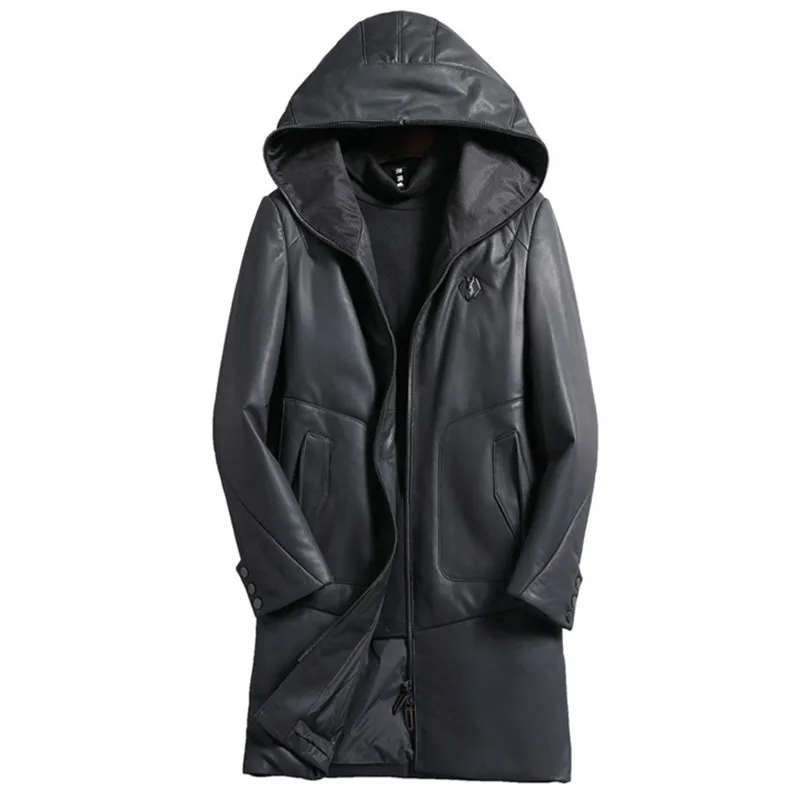 Мужская куртка из 100% натуральной овечьей кожи черная длинная на утином пуху
