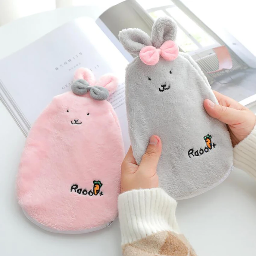 Hot Water Bottle with Zipper Plush Rabbit Cover Hand Warmer Explosion-proof PVC Bag for Pain Relief Heat Therapy | Бытовая техника