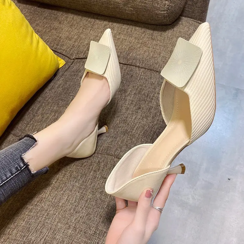

Clear Heels Sandals Straps Slip-on Loafers Summer Women's Shoes Suit Female Beige Med Pointed Elastic Band Retro Black 2021 Fas