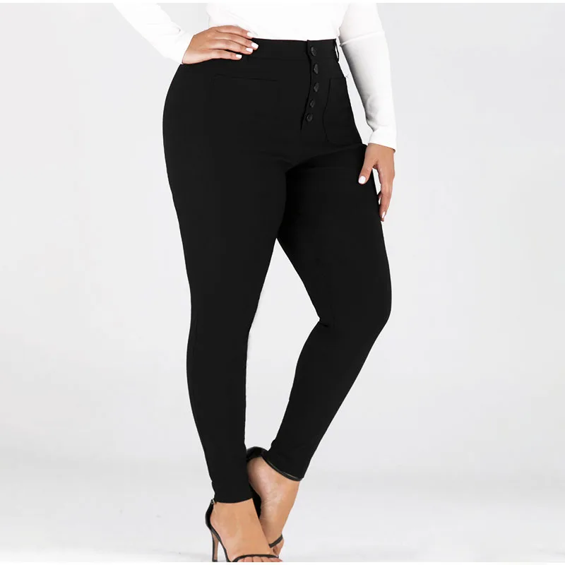 Узкие черные джинсы карандаш размера плюс с карманами на пуговицах 3XL 4XL женские