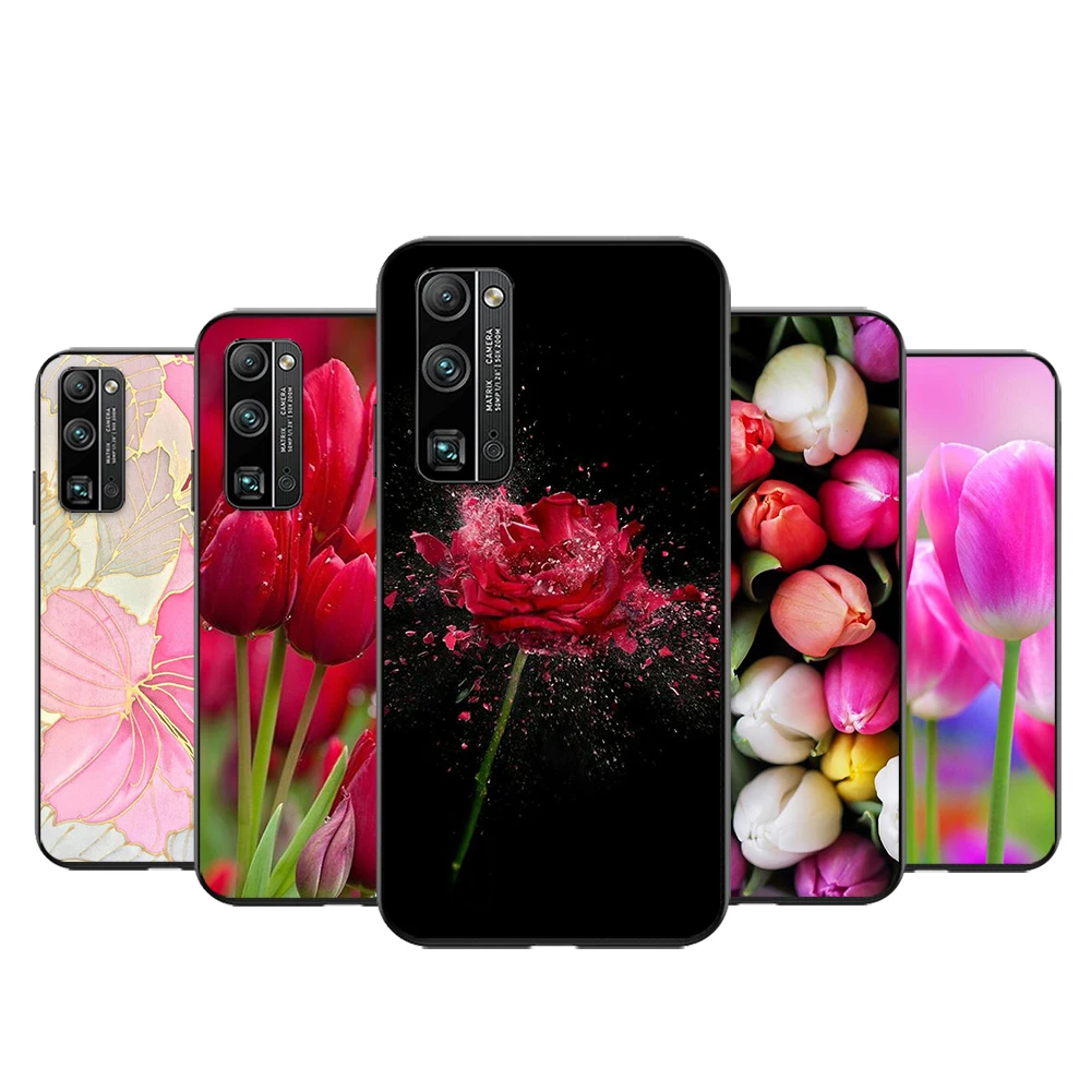 

Silicone Soft TPU Cover Rose flower tulip lily For Honor 50 X20 SE V30 30 30S Magic 3 Play 5 5T Pro Plus 5G Black Phone Case
