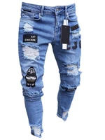 mens ripped embroidered pencil jeans slim trousers casual thin denim pants skinny hip hop cowboys young man jogging2021