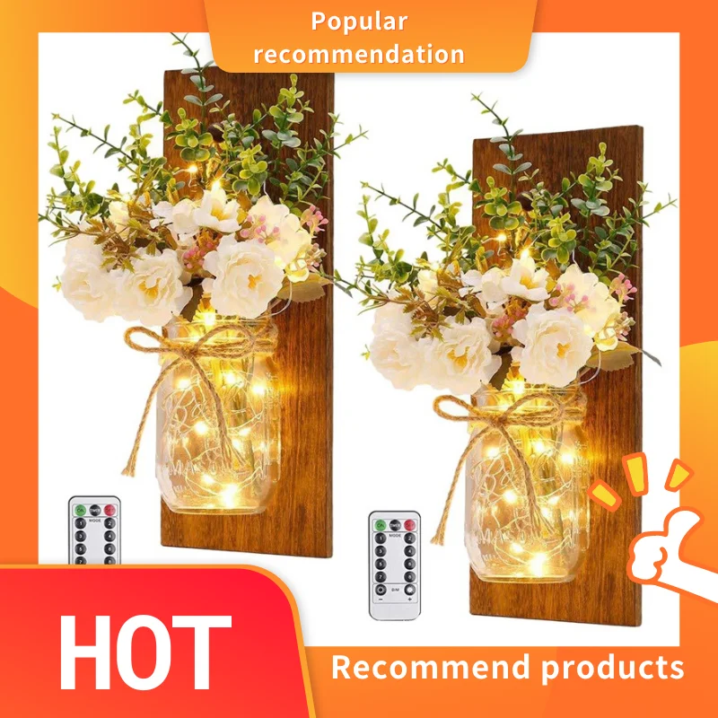 

Rustic Wall Lamp Mason Jar Sconces,Hanging Home Decor 2 Set with Remote Control LED Fairy Light Decorative Peony Flower