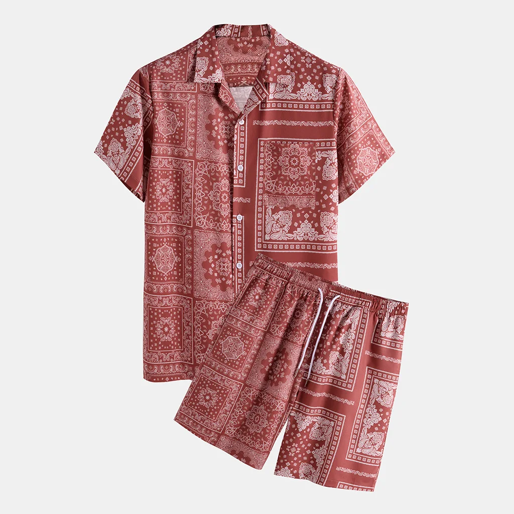 

Outfit for Men Full Print Shirt Shorts Summer Thin Hawaiian Beach Short-sleeved Shirt Japanese Retro Beach Style 2 Piece Set