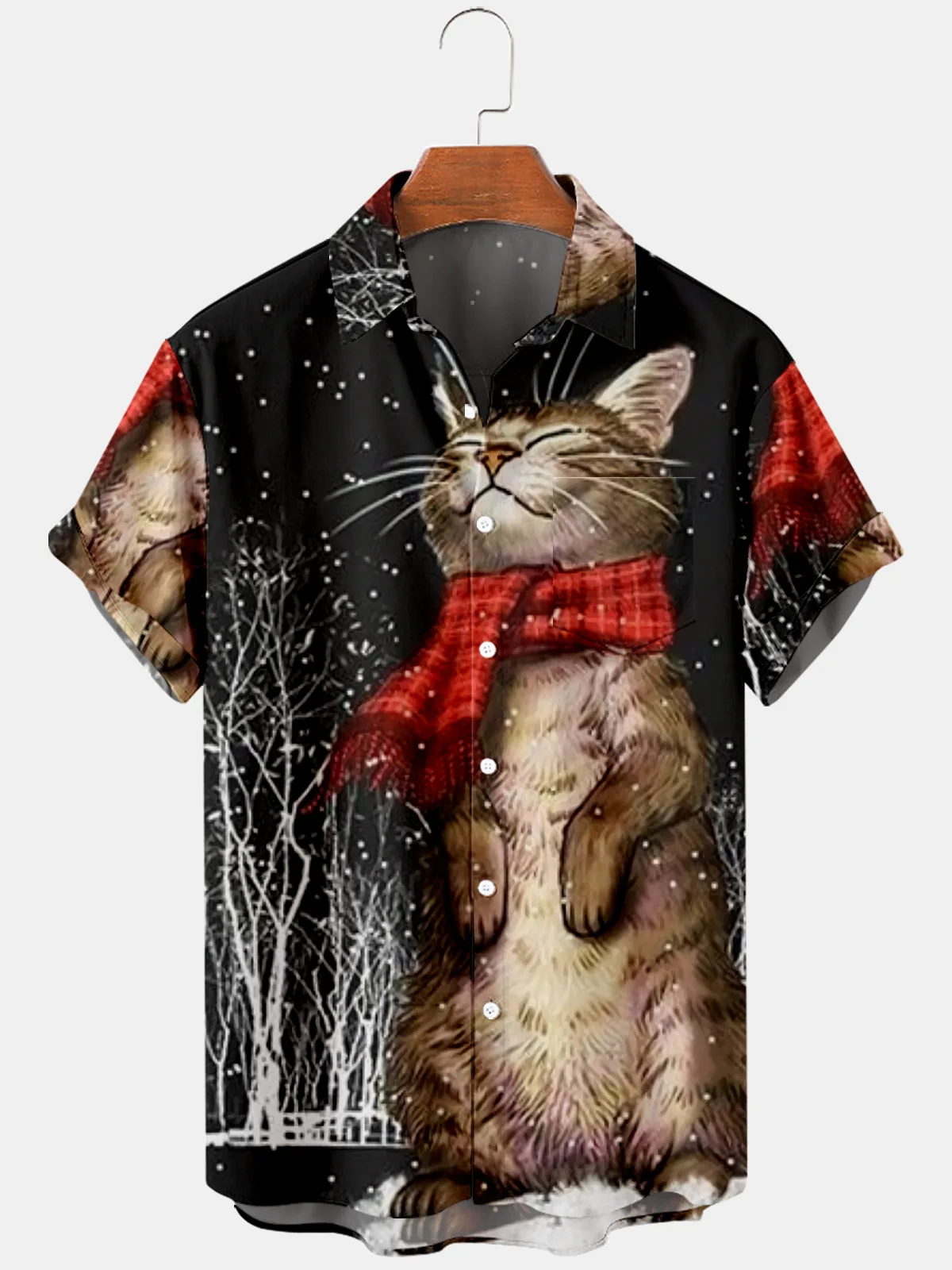 

2021 Christmas Shirts Men's Short Sleeve Lapel Shirt Oversized Pocket Shirts Funny Cats Harajuku Streetwear 3D Clothes