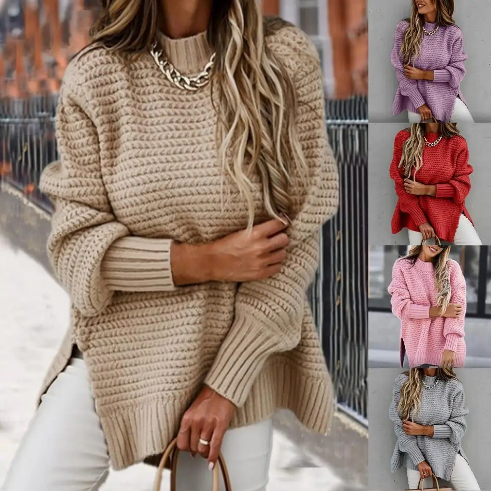 

Women's Sweater Unique Pattern Half High Collar Autumn Winter Pullover Pure Color Long Sleeve Loose Warm Thick Pullover свитер