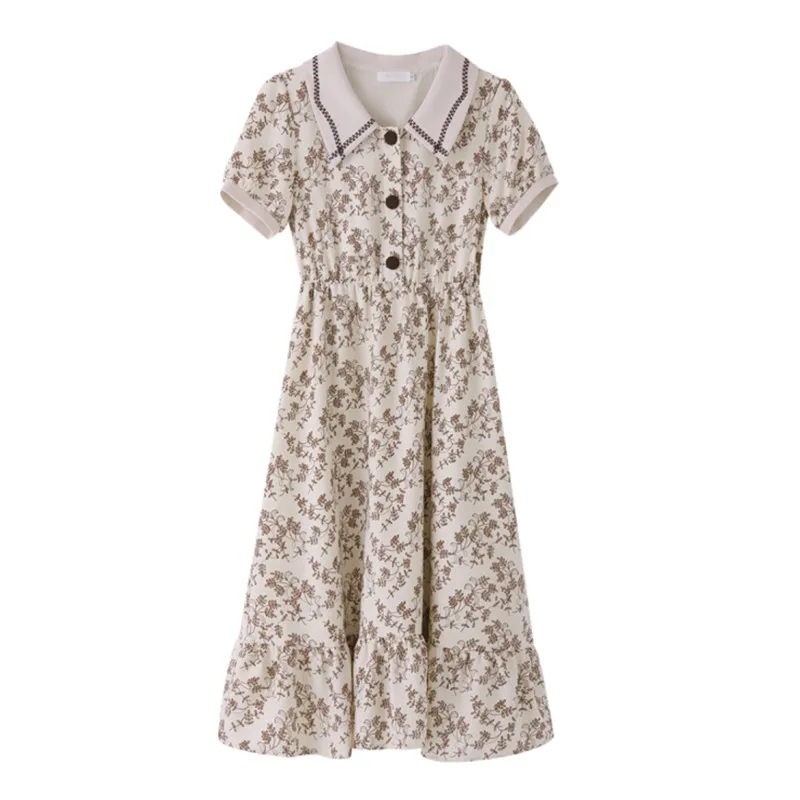 

Small Fresh Long Tea Break Skirt Type A French Doll Collar Floral Dress Summer New Female High Waist Apricot Coffee