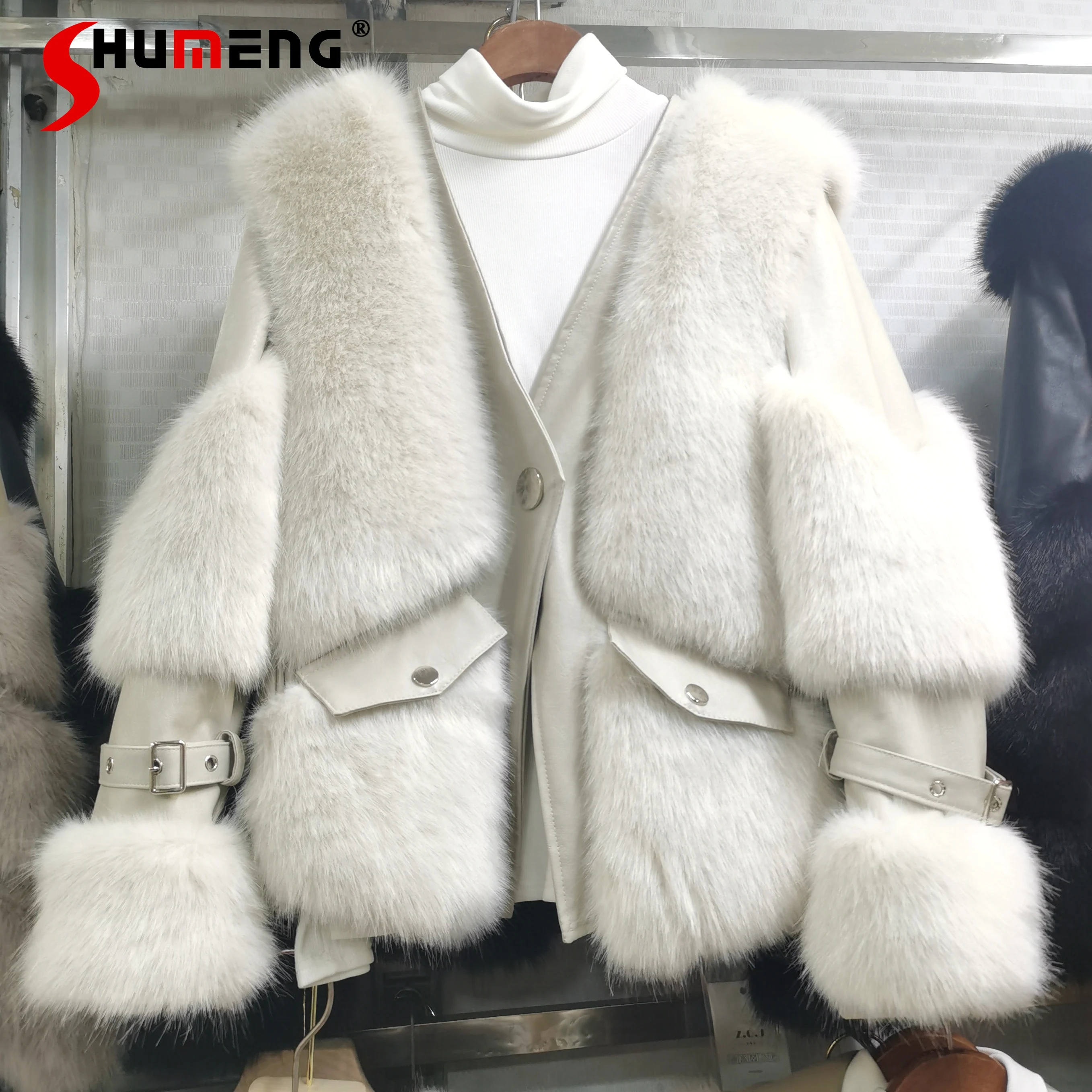 

New Ladies V Neck Long Sleeve Short Fur Coat Elegant 2021 Winter Warm Fur Integrated Motorcycle Fur Thicken Jackets for Women