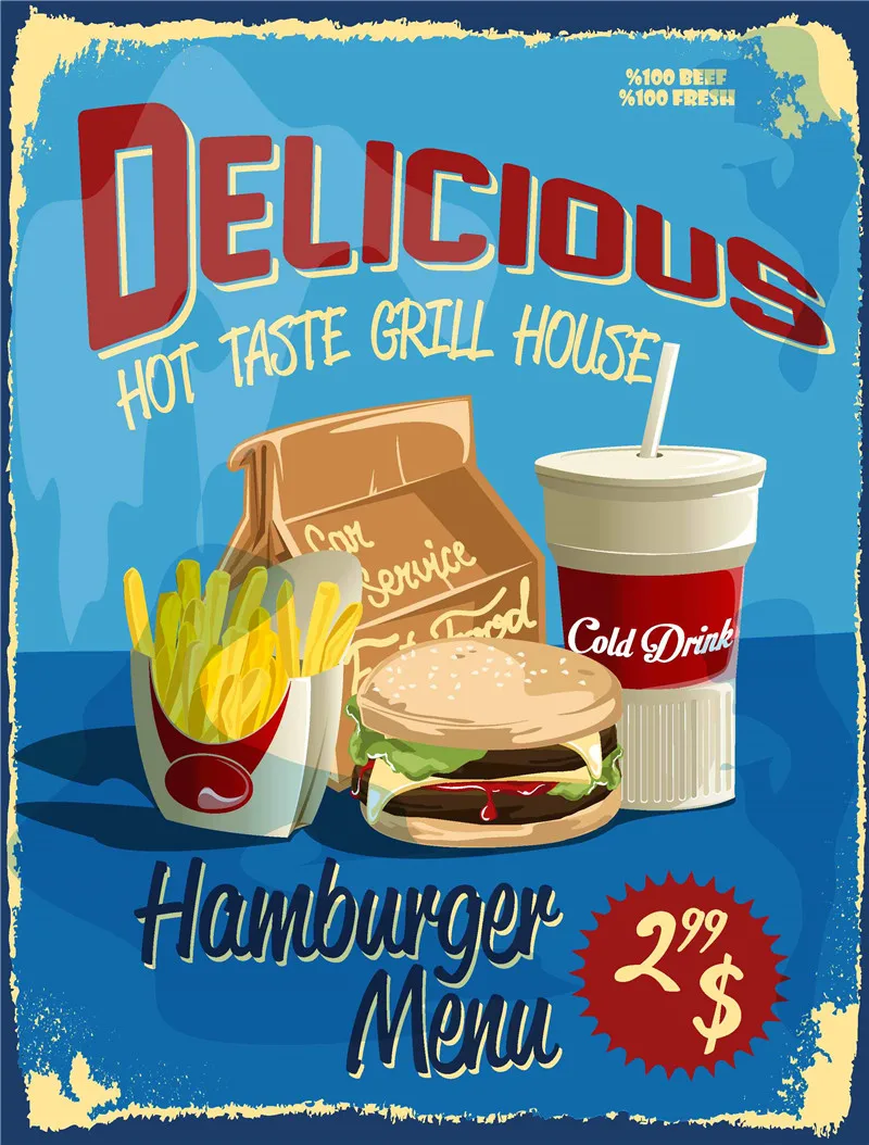 

Restaurant Signs Movie Poster Vintage Retro Decor Fast Food Metal Plates Garden Decoration Out Door Sign Posters on the Wall