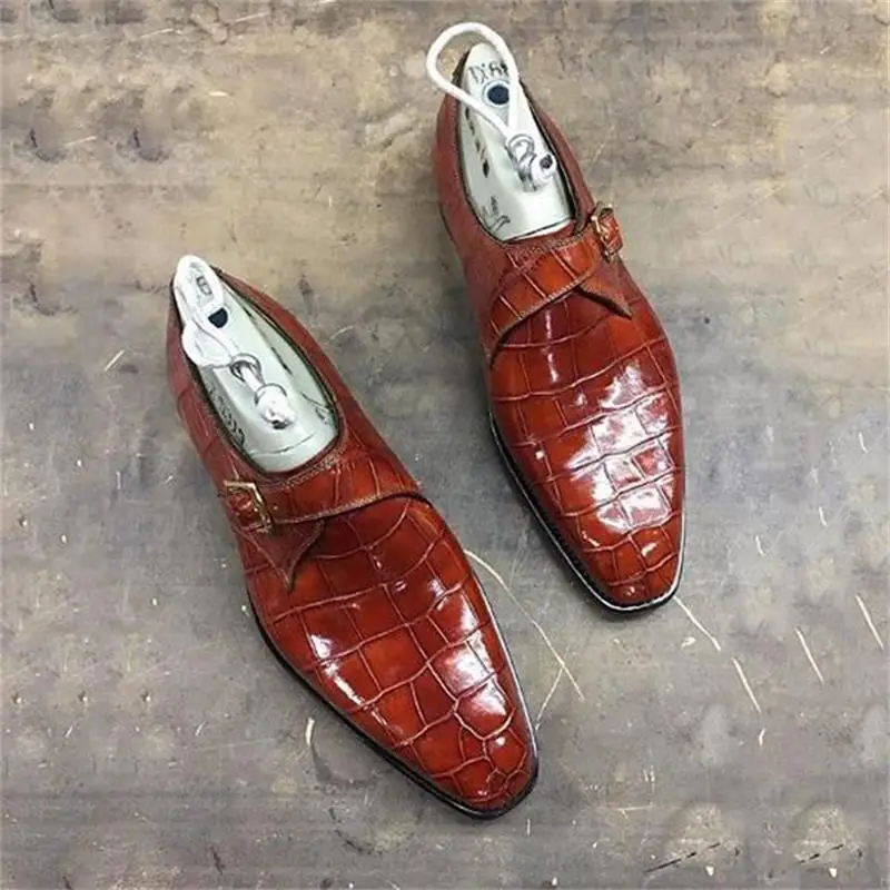 

Men's Bright Color PU Crocodile Pattern Pointed Buckle Low Heel Comfortable Business Casual All-match Monk Shoes HL375