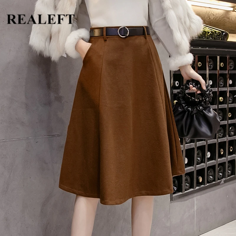 Женская Юбка миди из верблюжьей шерсти Повседневная трапециевидная До Колена с