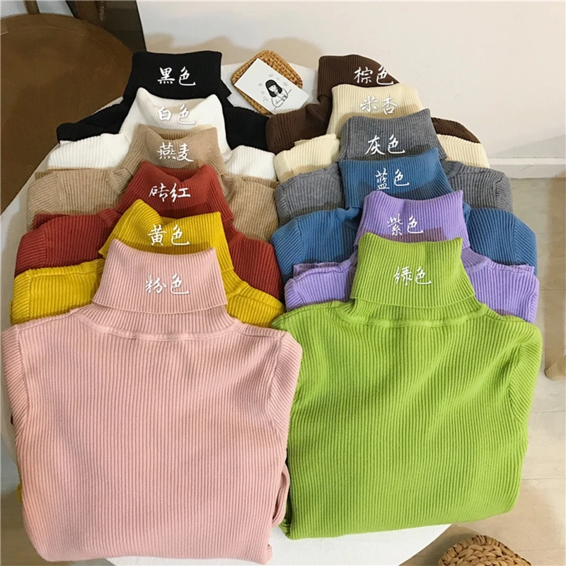

KLV Women Long Sleeve Turtleneck Sweater Sweet Solid Candy Color Ribbed Knitted Pullover Tops Slim Basic Stretch Jumper