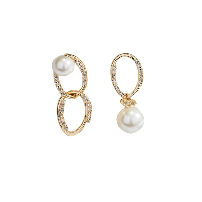 

TIMEONLY Asymmetric Chain Simulation Pearls Earring Shinning Rhinestones Circle Dangle Earrings Luxury Jewelry for Women Mujer