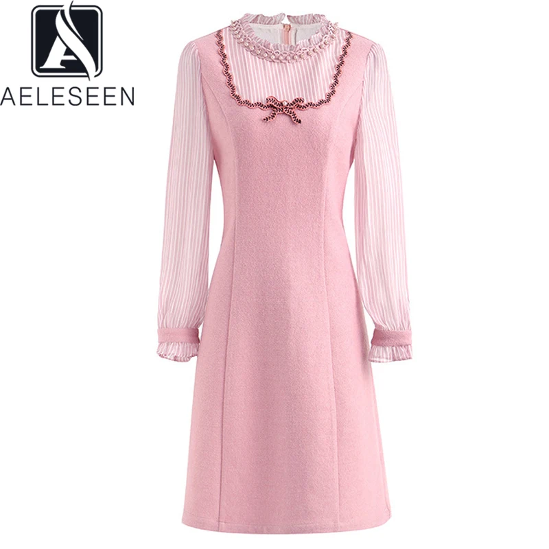 

AELESEEN Fashion Designer 2022 Spring Elegant Dress Women Pink Luxury Beading Sweet Ladies Patchwork Dresses