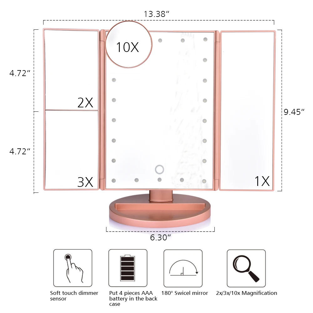 Зеркало для макияжа со светодиодной светильник кой складное регулируемое