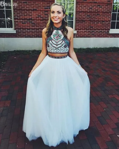 Белый Vestido De Formatura белое платье для выпускного вечера es шифоновое платье с цветочной вышивкой и лямкой на шее ТРАПЕЦИЕВИДНОЕ ПЛАТЬЕ из двух частей для выпускного вечера - Цвет: Белый