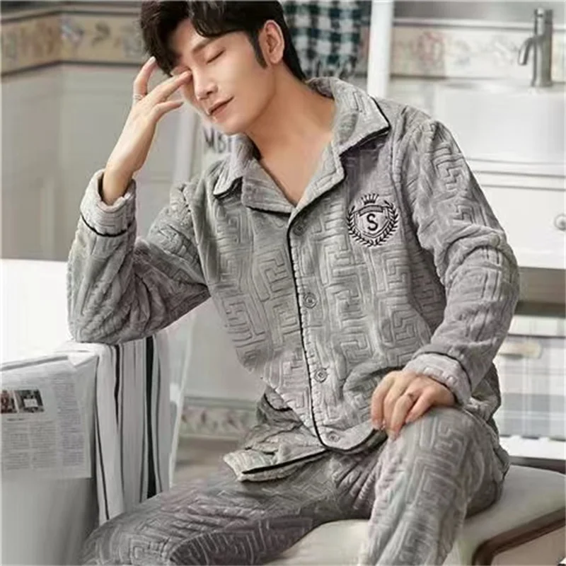 Coral Fleece Pajama Sets Men Thick Warm Flannel Winter Pyjamas Sets Long Sleeve Nightwear Casual Loose Sleepwear