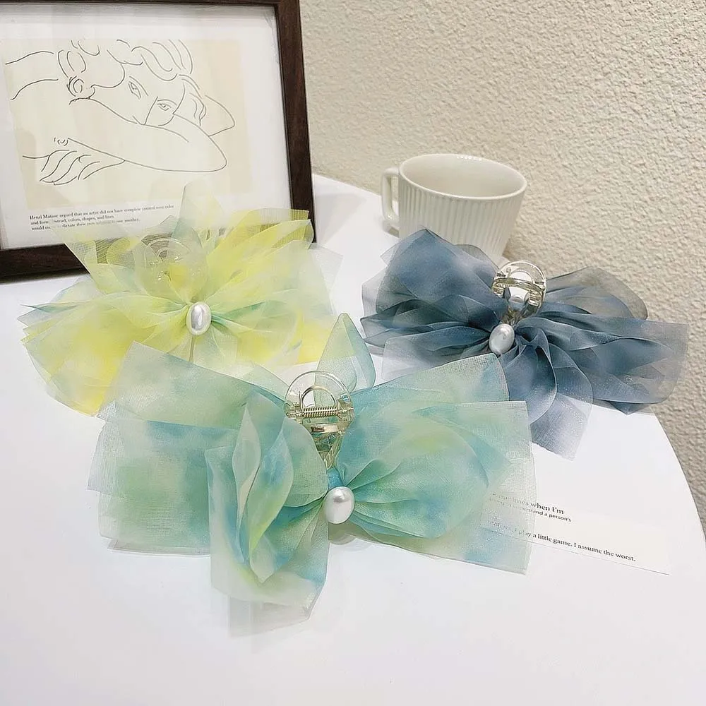 

Pearl Bow Mesh Hair Claw For Women Retro Transparent Cloth Flower Geometric Hair Clip Girls Simple Fashion Hair Accessories