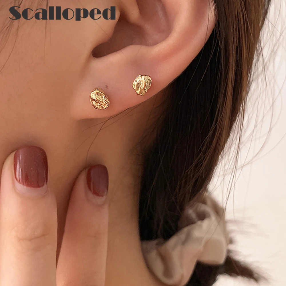 

SCALLOPED Trendy European Irregular Tin Foil Texture Stud Earrings Vintage Exquisite Geometry Luxury Brand Design Fine Jewelry