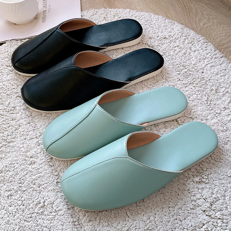 

2022 Women Indoor Slippers Soft PU Leather Waterproof Lovers Summer Autumn Shoes Close Toe Slides Female Male Home Floor Slipper