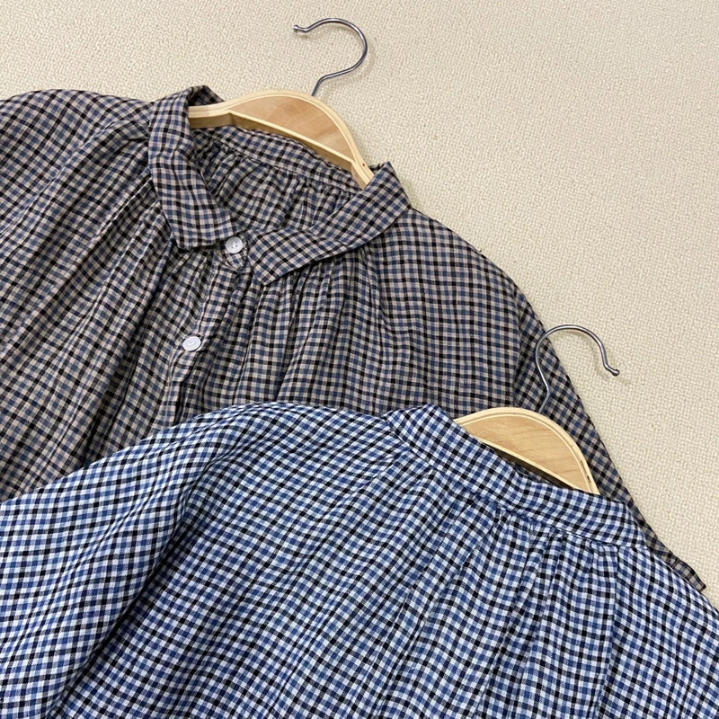 

Johnature New Japanese Plaid Women Shirts 2021 Summer Turn-down Collar Loose Button Casual Linen Female Blouses