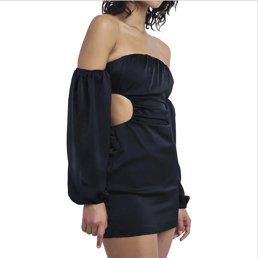 

Tube Top Ladies Sexy Hollow Dress Black Bubble Long Sleeve Open Back 2021 Hollow Tight Party Elegant Evening Dresses Mini Luxury