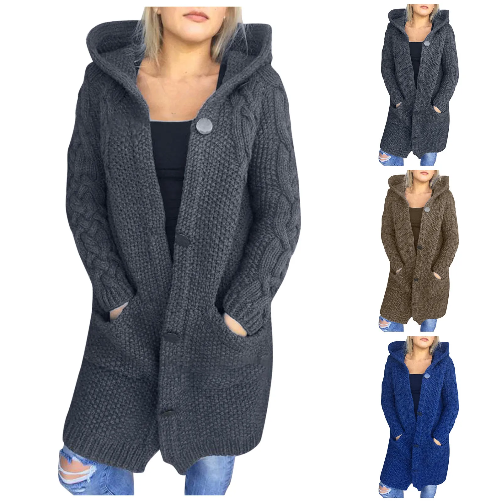 

Женский однотонный вязаный кардиган на пуговицах с длинным рукавом и капюшоном спереди, свитер, верхняя одежда с карманами, легкая куртка