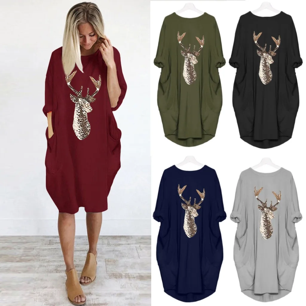Женский Повседневный свободный сарафан с принтом лося осенне-зимний женский