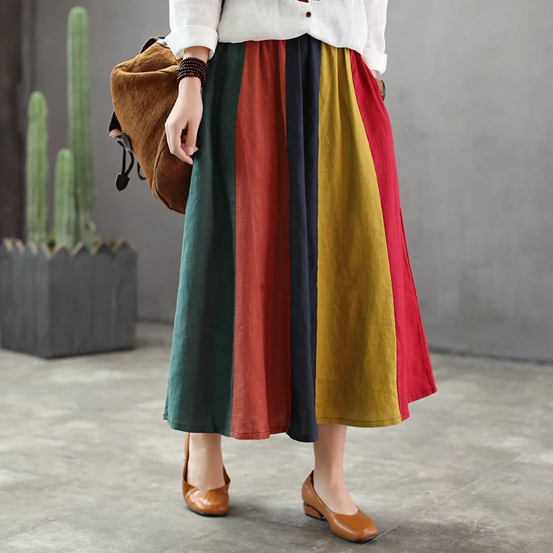 

Модные льняные плиссированные юбки радужной расцветки, женские юбки в студенческом стиле с эластичным поясом, в стиле ретро, популярные цве...