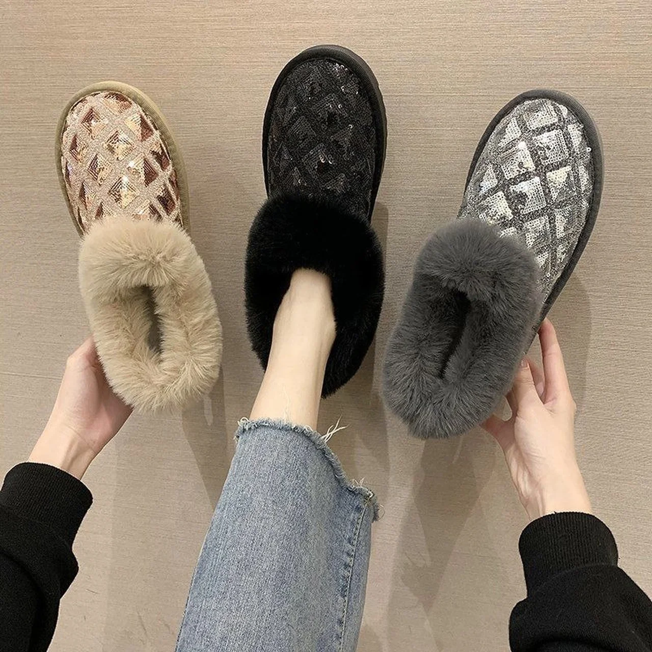 

Cotton Shoes non-slip Plus velvet Bread Shoes Sequins Plush Shallow Mouth Snow Boots 2021 Women Winter New Warm Short Boots