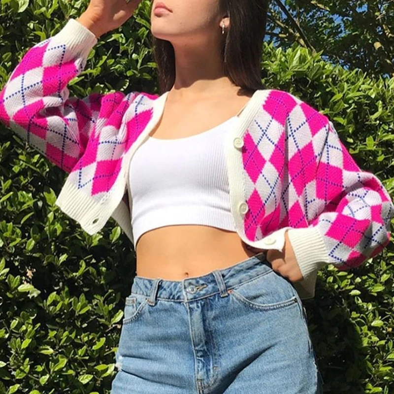 

Women Autumn Long Sleeve V-Neck Cardigan Cherry Embroidery Argyle Plaid Knitted Crop Top Single Breasted Button Loose Sweater Ou