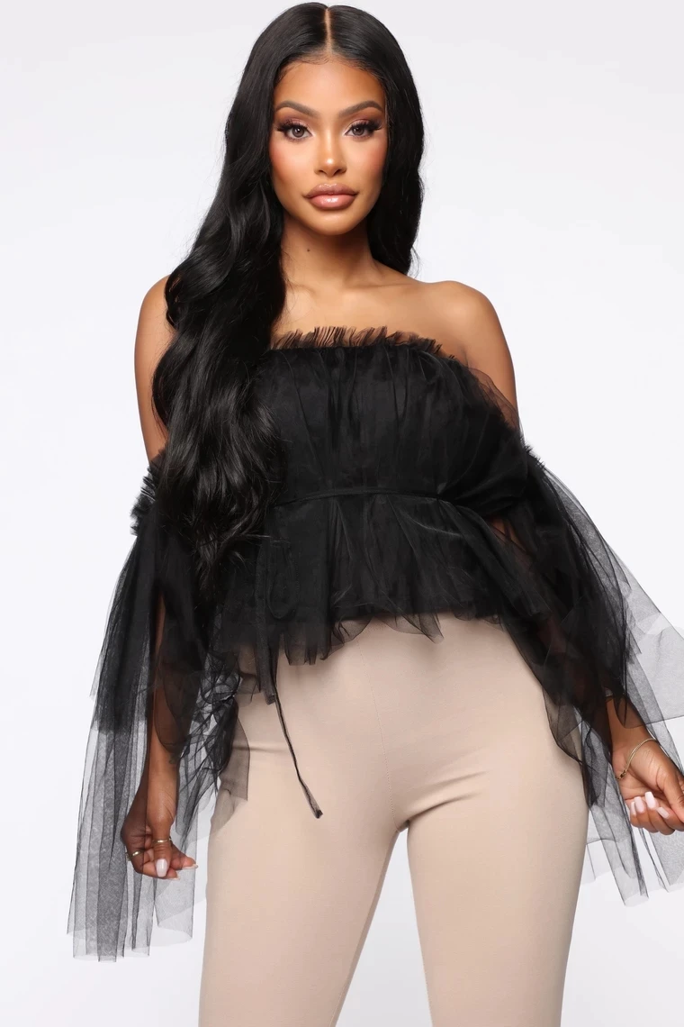 Женская блузка с открытыми плечами шифоновая оборками двухслойная сетчатая без
