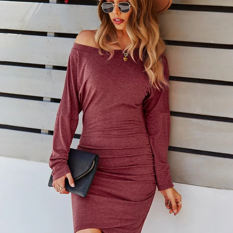 

Fashion Dress Women Temperament Long Sleeve Mini Dress Beach Solid Color Boho Sexy Dress Package Hips High Waist Female Outfits