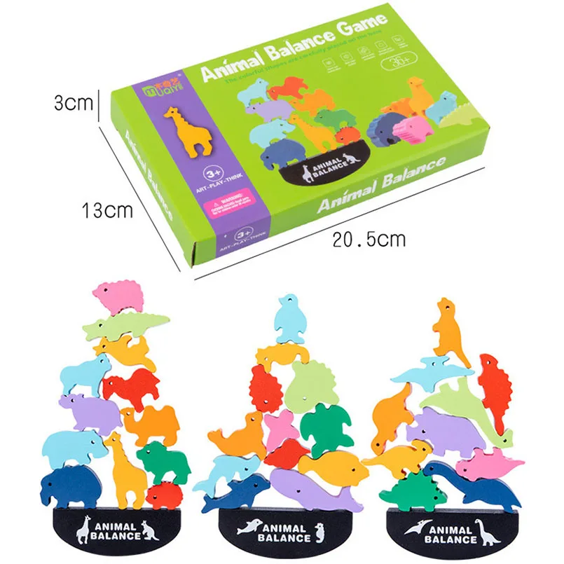 

12Pcs/Set Montessori Wooden Animal Balance Blocks Board Games Toys Dinosaur Educational Stacking High Building Block Toy Gifts