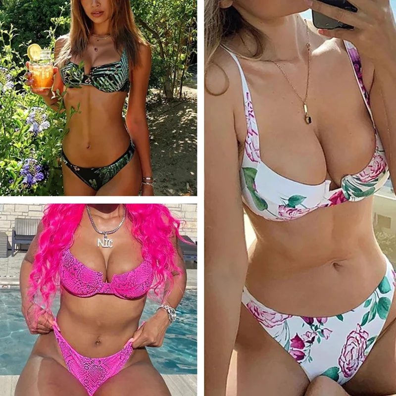 

Высокая талия купальный костюм с принтом листьев бикини Для женщин купальник Винтаж Ретро ванный комплект, топ c бретелькой через шею, бикин...