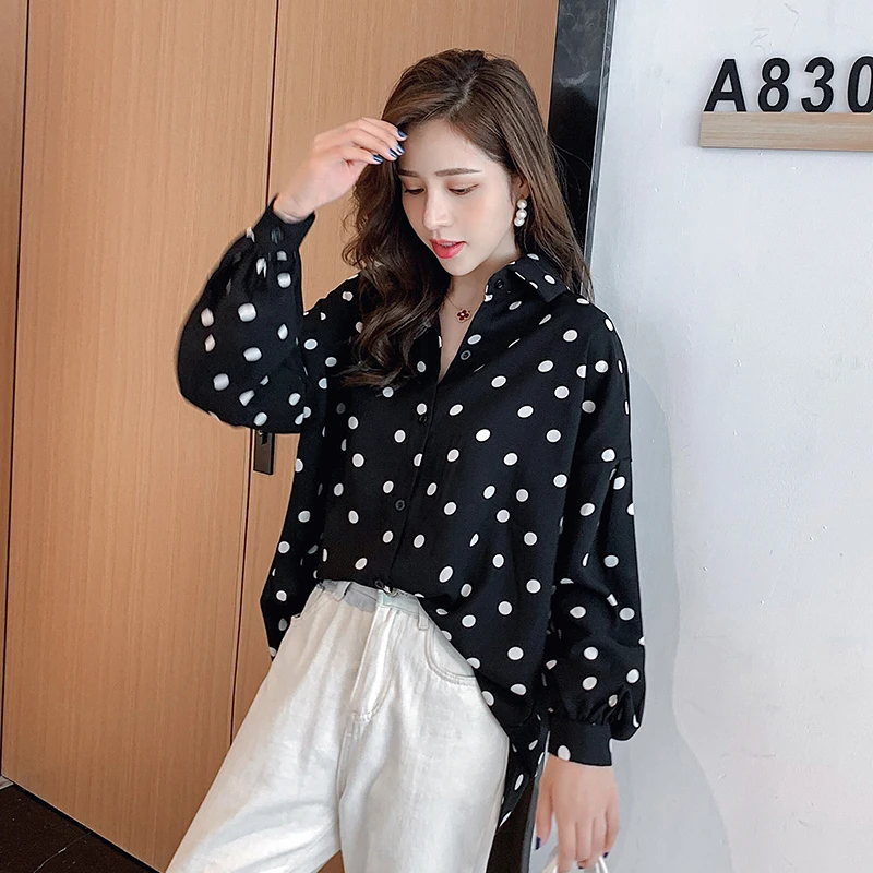 

2020 Polka Dot Tops Women Fashion Long Sleeve Loose Plus Size Clothes White Black Button Shirt Blouses d122