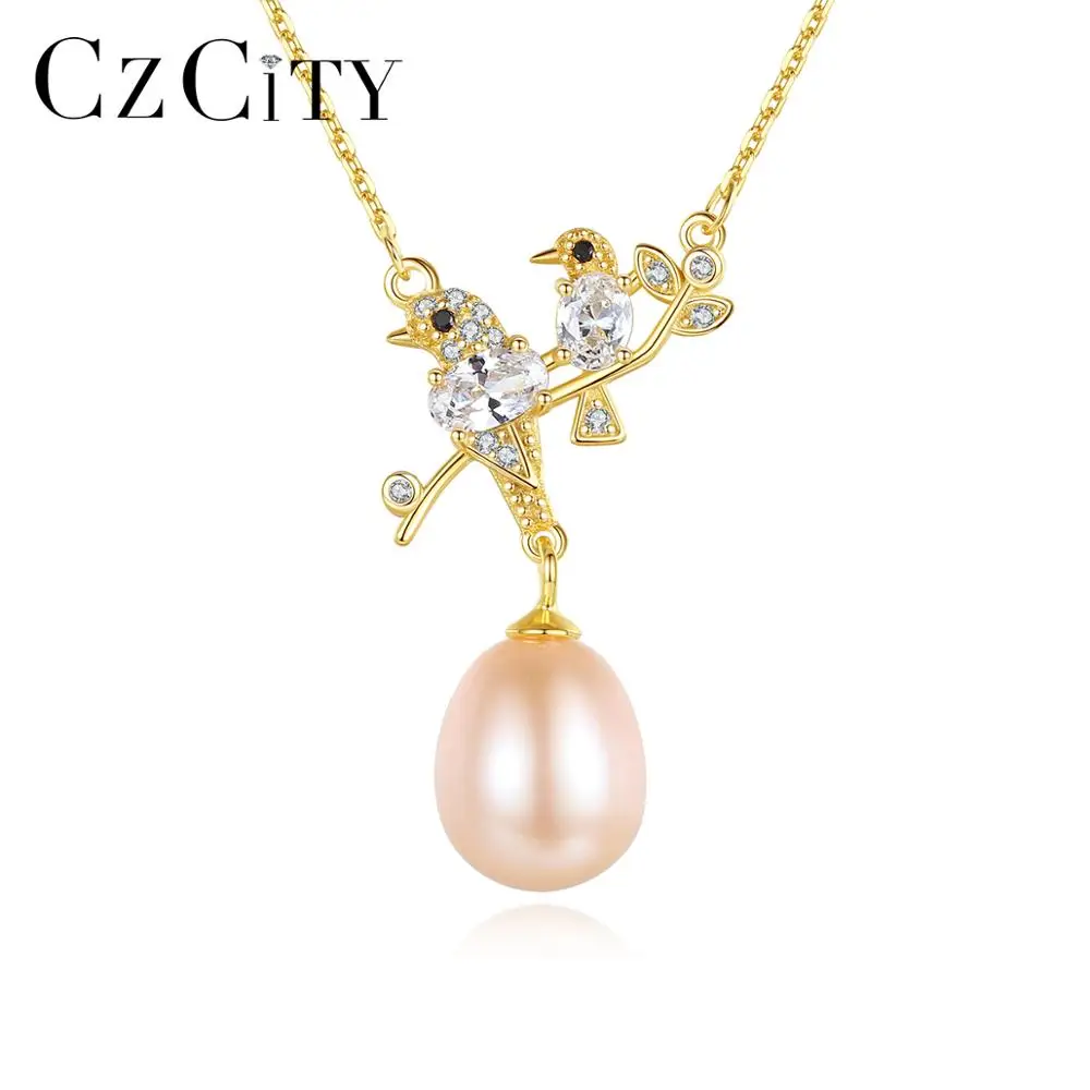 

CZCITY Natural Pearl Pendant Necklace for Women Cute Birds Shape 925 Sterling Silver Fine Jewelry Christmas Gifts Kolye FN-0294