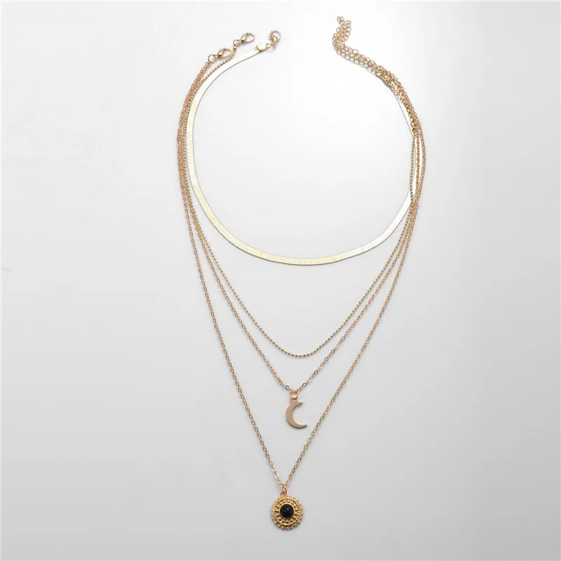 

Gold Silver Color Multilayer chain Necklace Women Jewelry Simple Boho Snake Chain Choker Necklace Stone Moon Pendant Jewelry