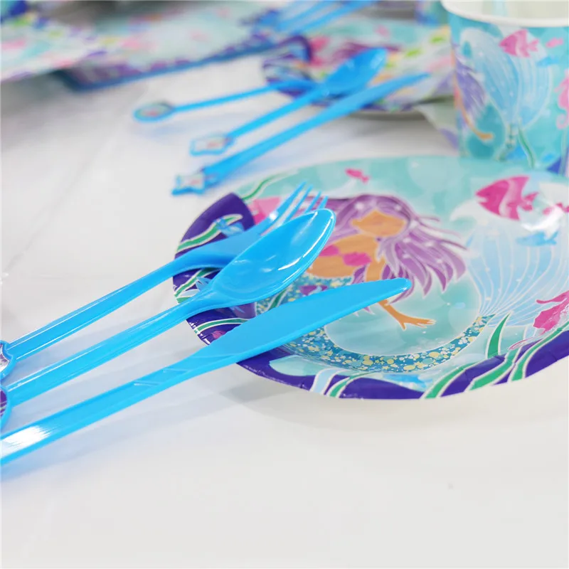 

16pce/set Mermaid Disposable Tableware Girl Birthday Paper Plate Cup Table Cover Party Venue Layout Decoration Festival Supplies