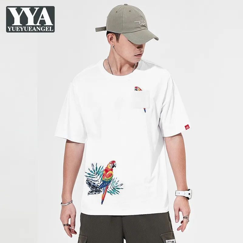 

Футболка мужская с вышивкой, модный Повседневный пуловер в китайском стиле, топ свободного покроя с коротким рукавом и круглым вырезом, хло...