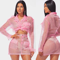 personality womens solid color eugene yarn buckle two piece suit skirt set sexy see through mesh pocket nightclub party outfits