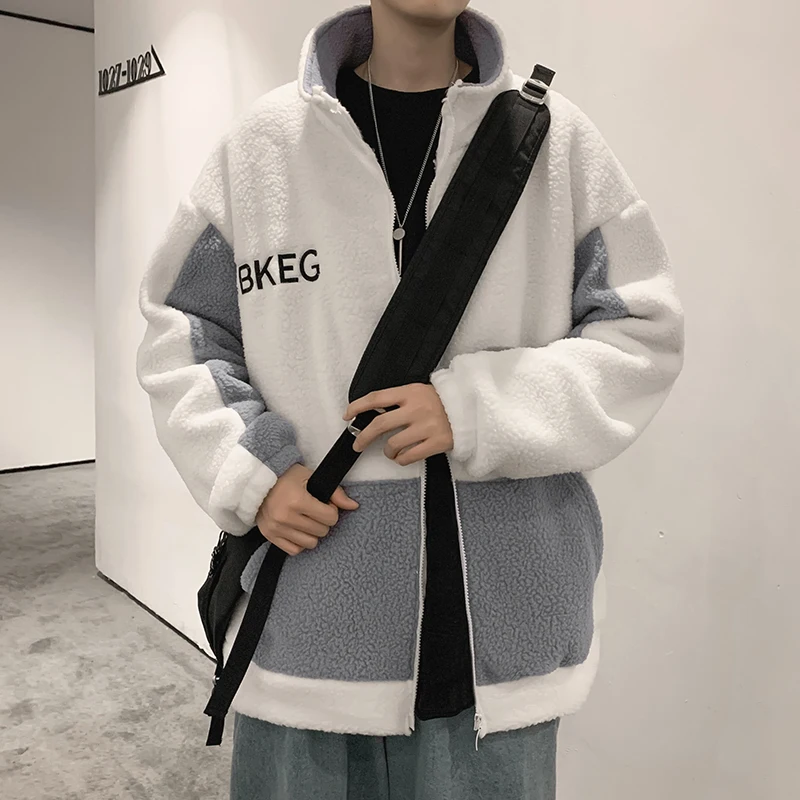 

Men's Cotton-padded Jacket Zipper Stand Collar Handsome Student Winter Faux Lamb Wool Coat Wholesale New Fashion Male Clothes