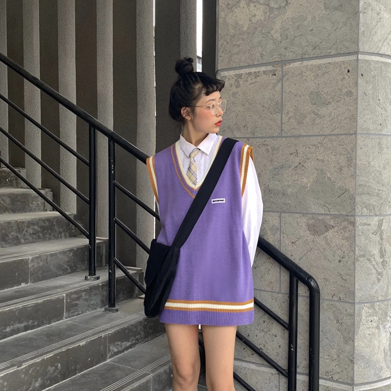 2020 Spring Autumn Girls Loose Korean Sleeveless Knitted Vests Pullovers V Neck Sweaters For Jk School Uniform Student Clothes |