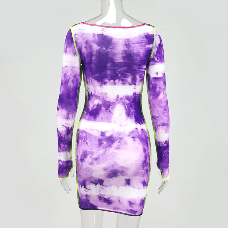 

Sexy Off Shouder Mini Dress Women Long Sleeve Tie Dye Dresses Contrast Color Party Club Wear Print Bodycon Dress 2020
