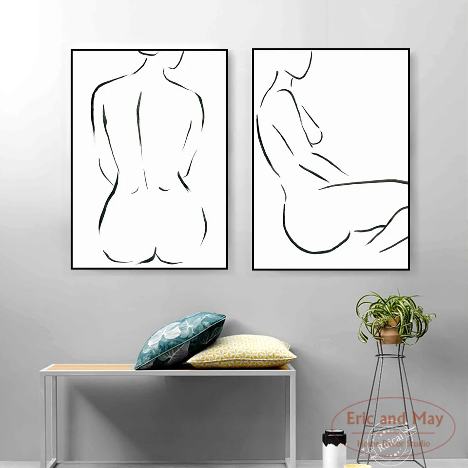 Обнаженная женщина черно-белая линия тела плакаты и фотография на стене гостиной