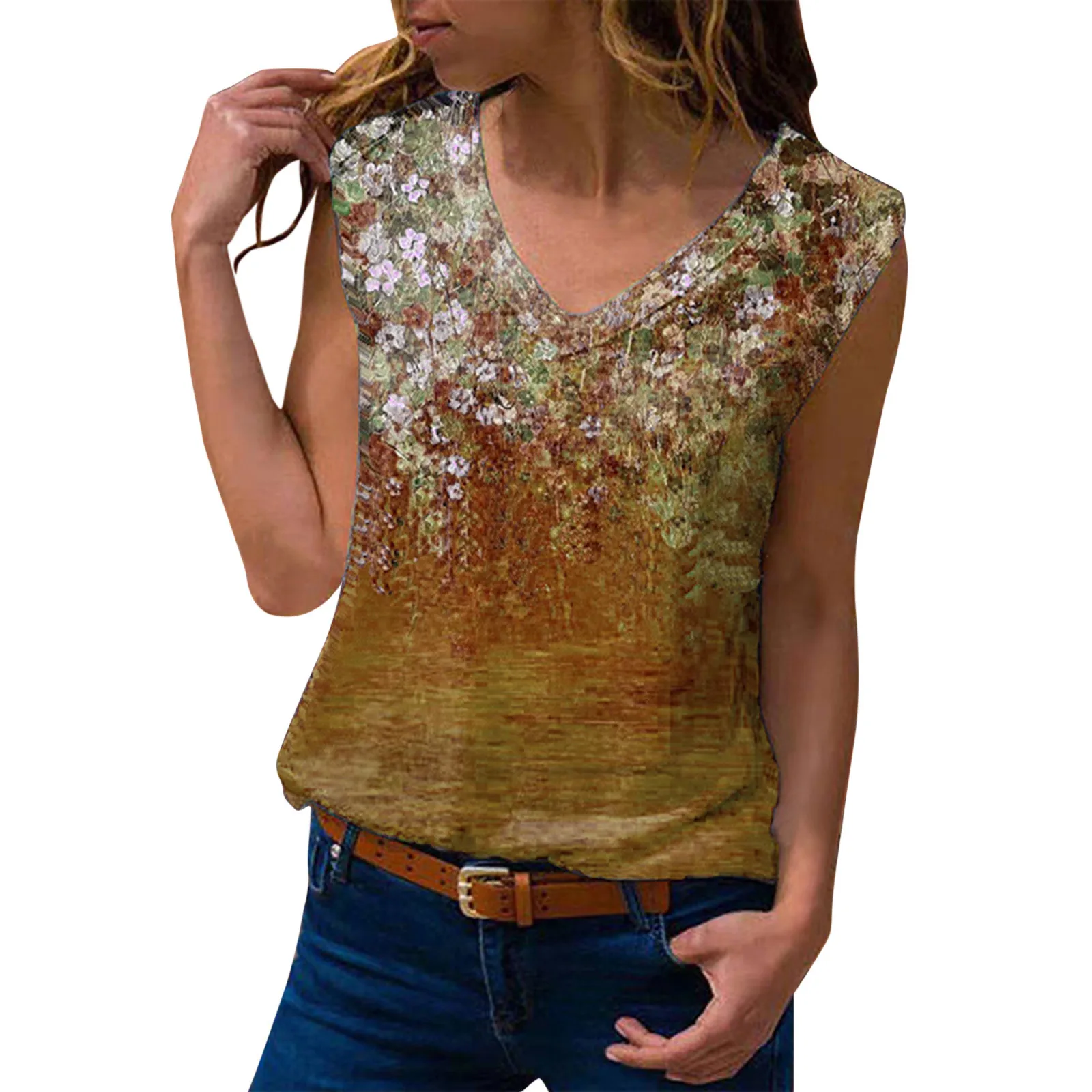 

Women Casual Fashion V-neck Printed Sleeveless Top Blouse Tank Camisole