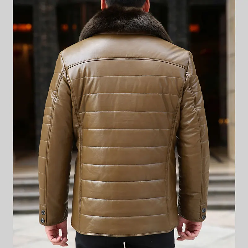 Кожаная мужская куртка зимняя флисовая тонкая парка с меховым воротником